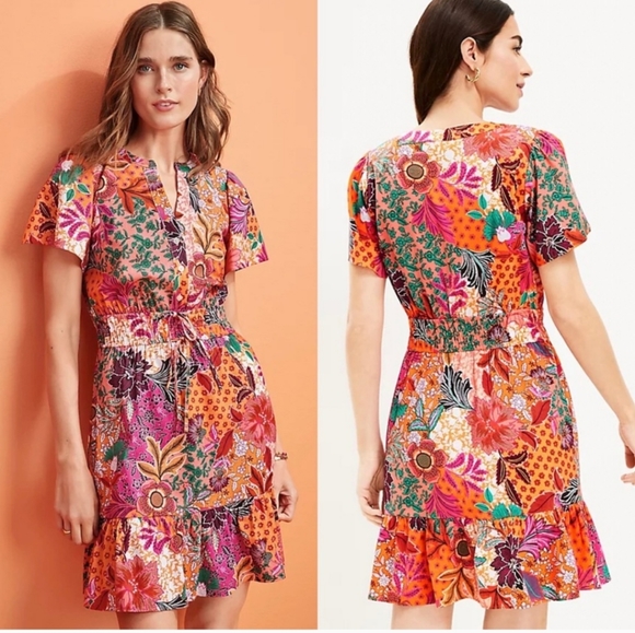 LOFT Dresses & Skirts - NWOT Loft Petite Patchwork Bloom Smocked Tie Waist Mini Dress Large
